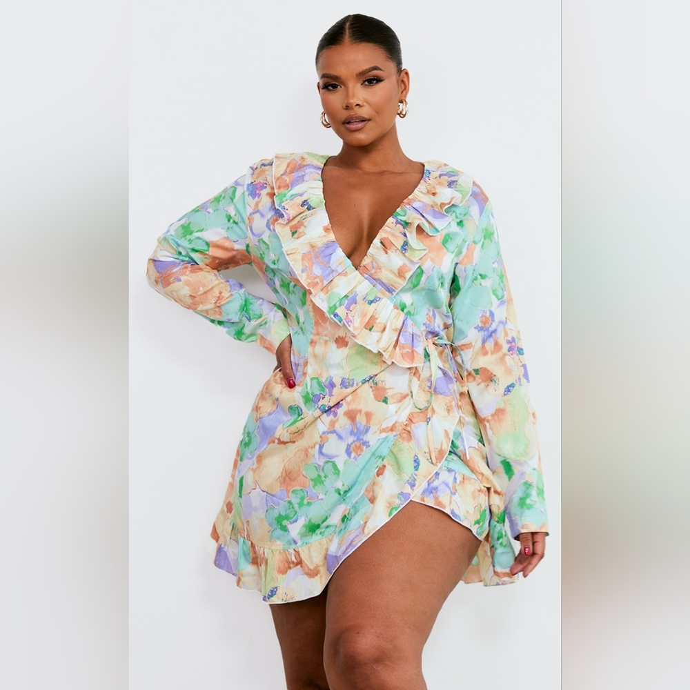 PLT Green Floral Frill Detail Wrap Dress